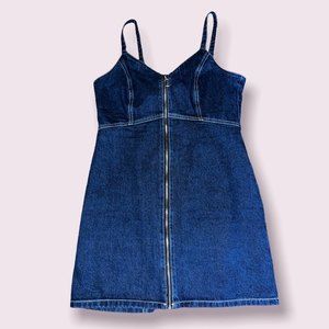 TOPSHOP Jean Dress Zip Front Spaghetti Straps V Neck Denim Mini Womens Size 10